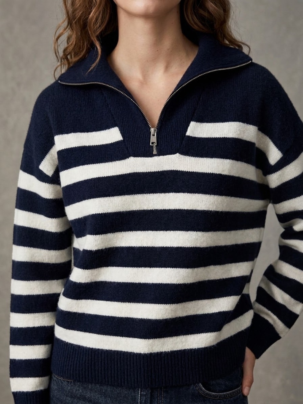 Zara Navy and White Striped Half-Zip Pullover Sweater